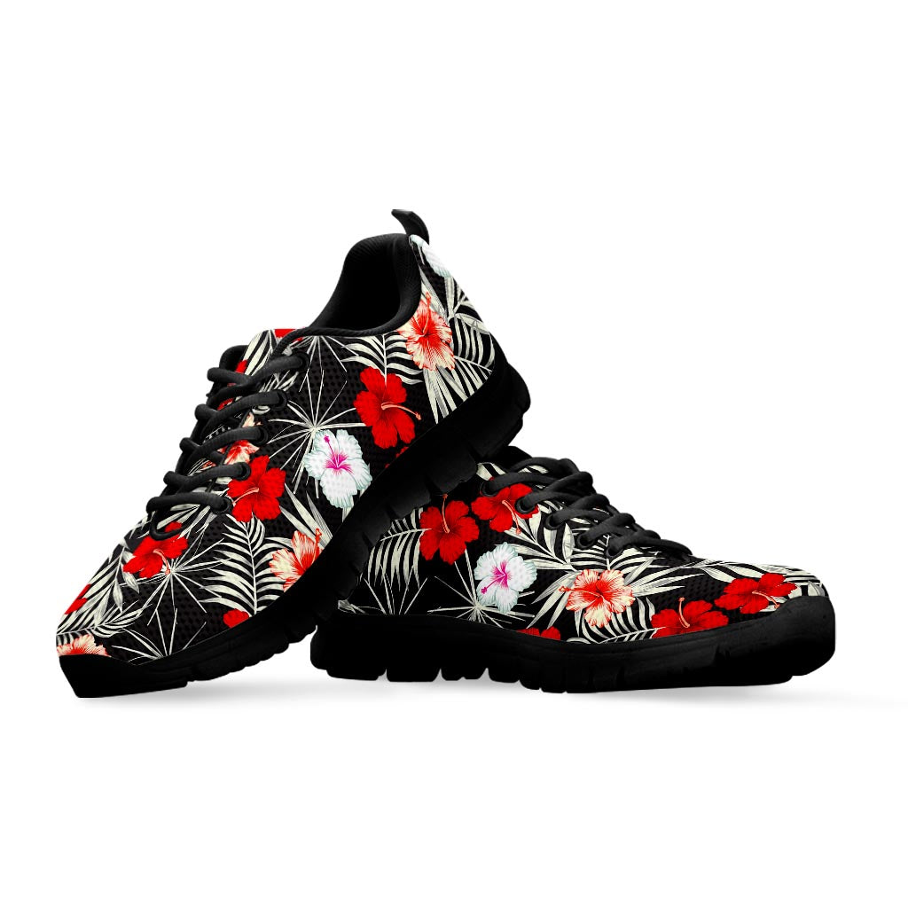 White Tropical Hibiscus Pattern Print Black Running Shoes