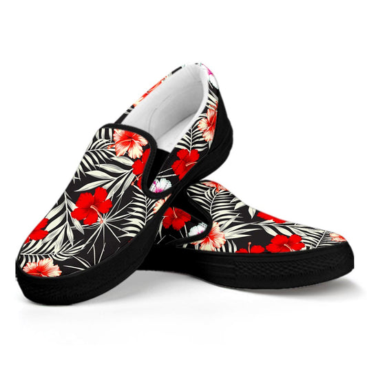 White Tropical Hibiscus Pattern Print Black Slip On Sneakers