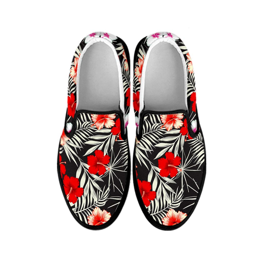 White Tropical Hibiscus Pattern Print Black Slip On Sneakers