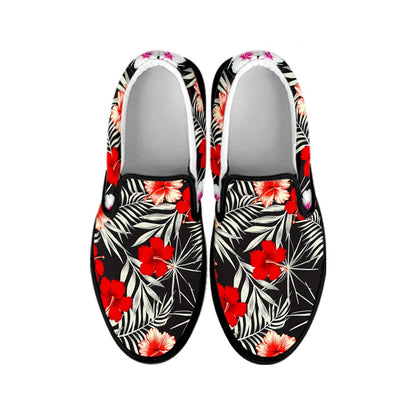 White Tropical Hibiscus Pattern Print Black Slip On Sneakers