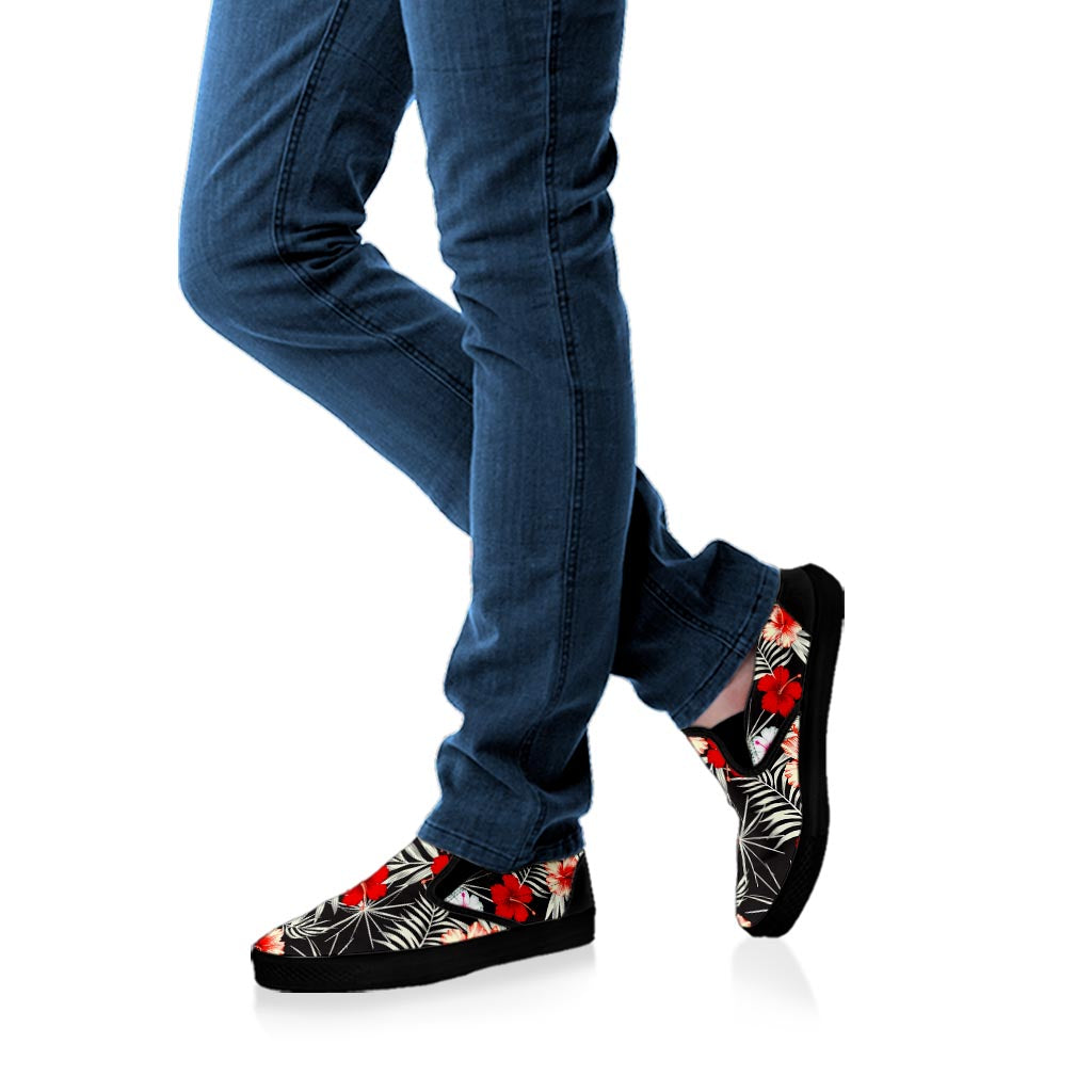 White Tropical Hibiscus Pattern Print Black Slip On Sneakers