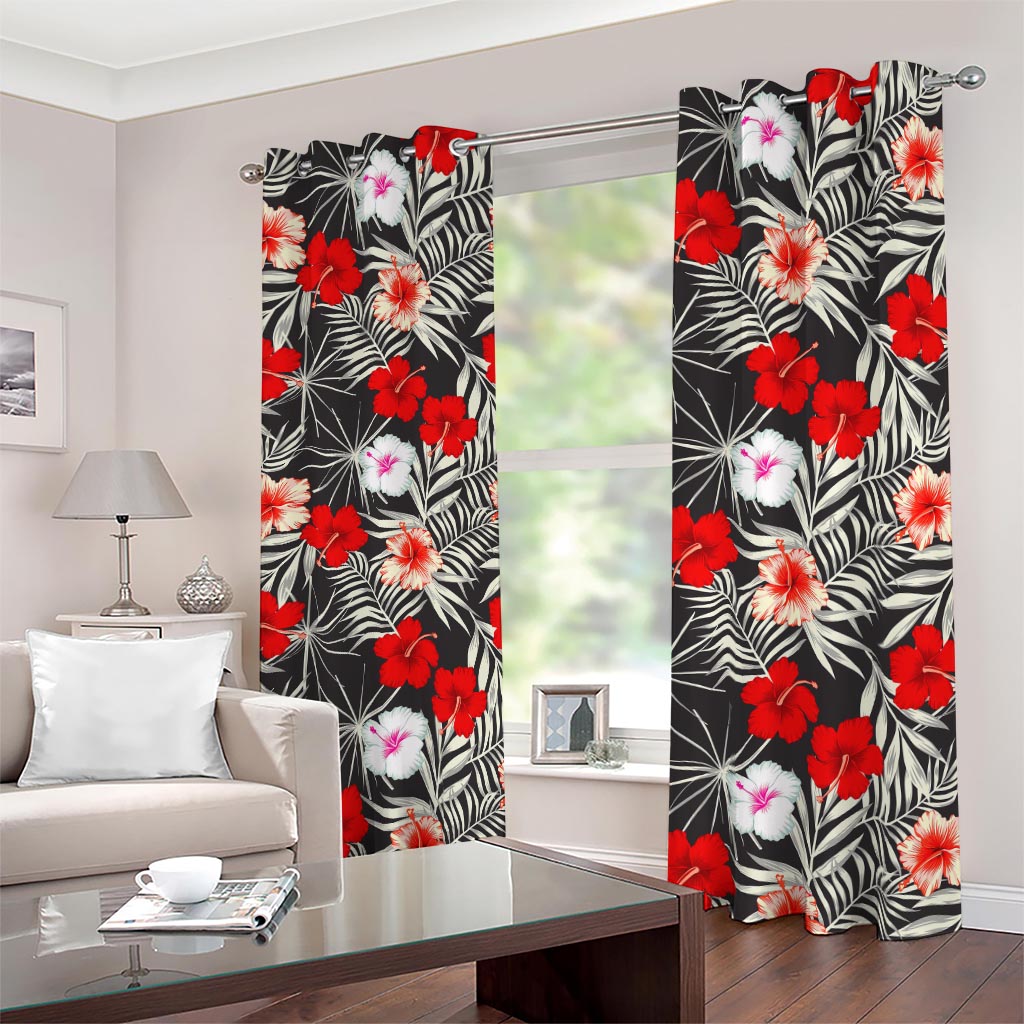 White Tropical Hibiscus Pattern Print Blackout Grommet Curtains