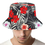 White Tropical Hibiscus Pattern Print Bucket Hat