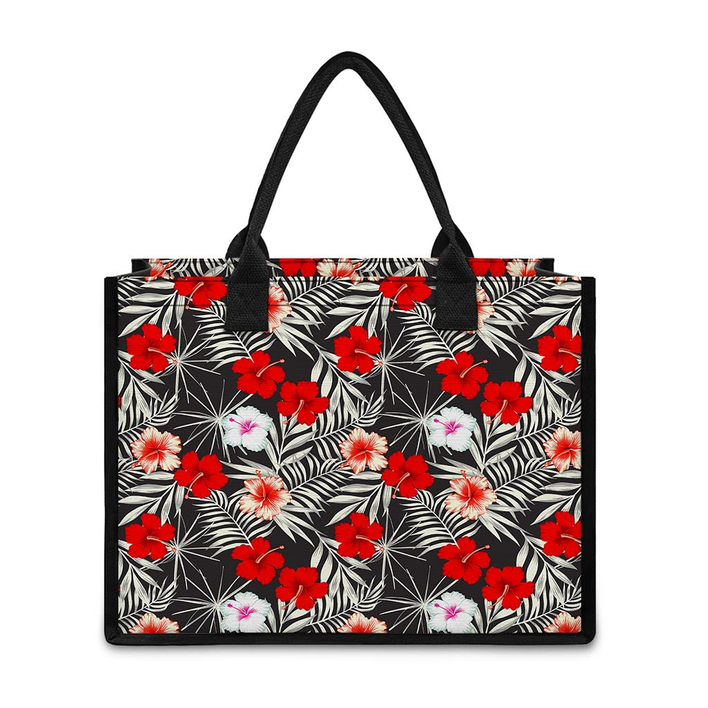 White Tropical Hibiscus Pattern Print Canvas Tote Bag