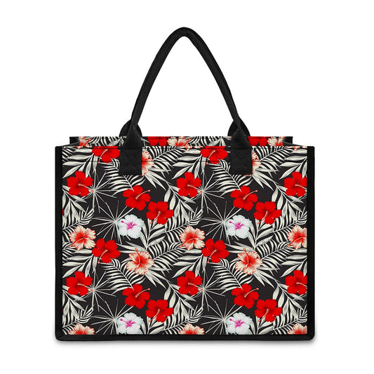 White Tropical Hibiscus Pattern Print Canvas Tote Bag