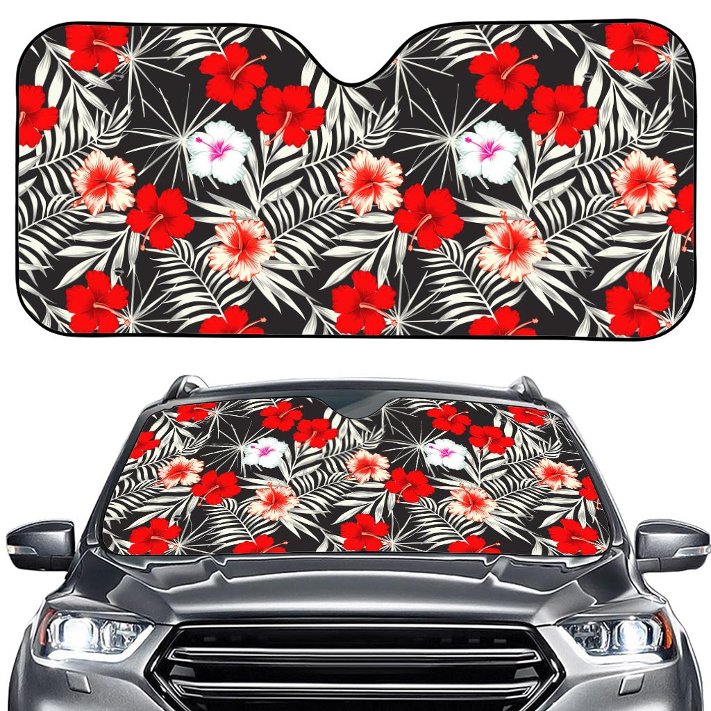White Tropical Hibiscus Pattern Print Car Windshield Sun Shade
