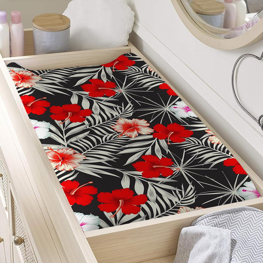 White Tropical Hibiscus Pattern Print Changing Pad Cover