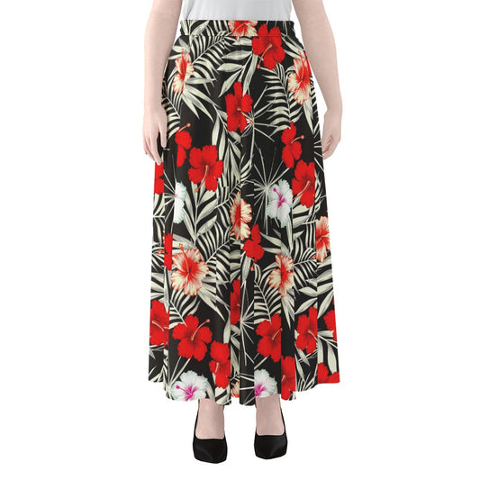 White Tropical Hibiscus Pattern Print Chiffon Maxi Skirt