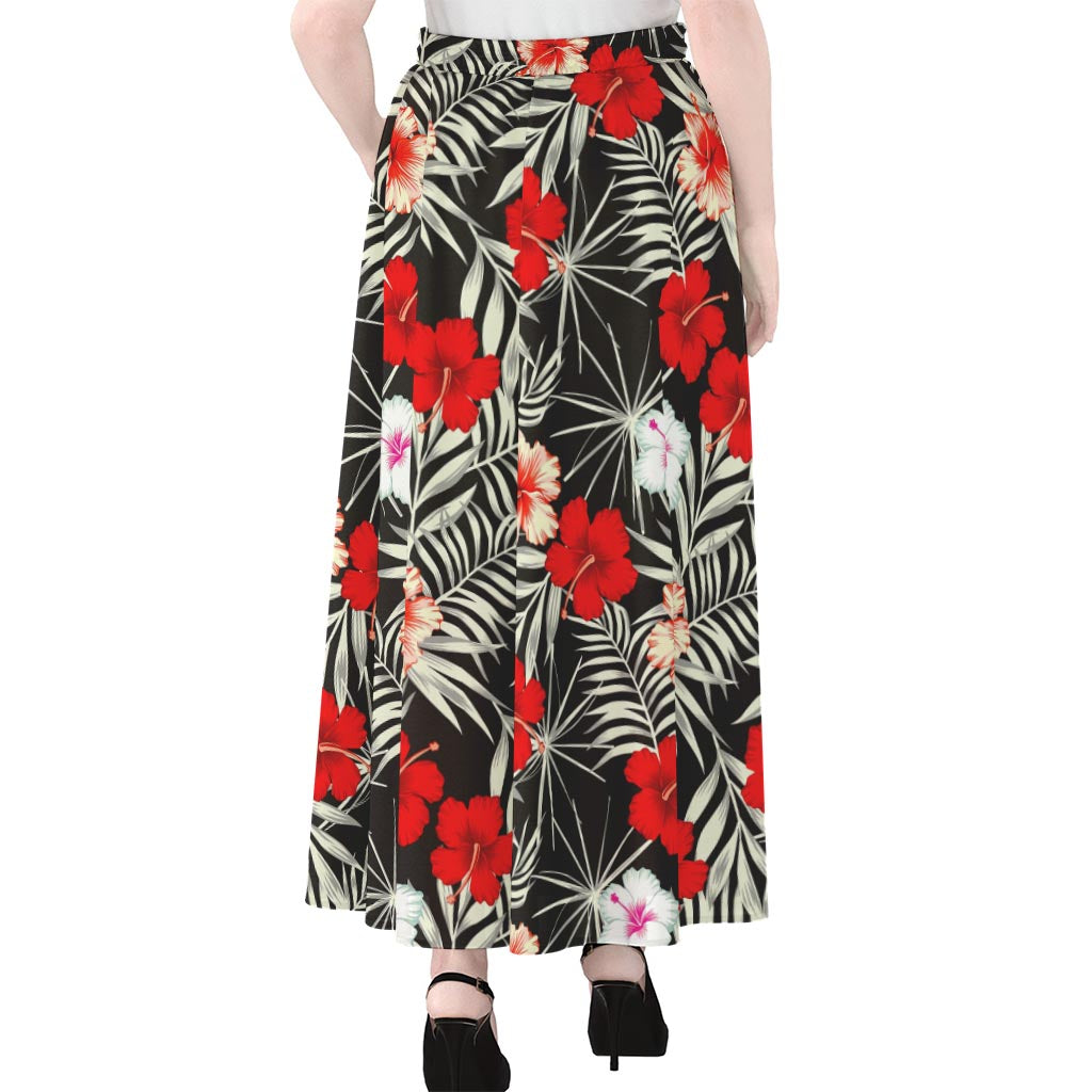 White Tropical Hibiscus Pattern Print Chiffon Maxi Skirt