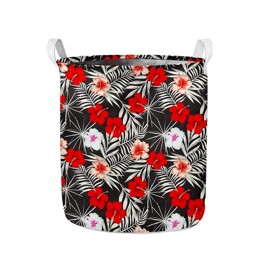 White Tropical Hibiscus Pattern Print Collapsible Laundry Basket