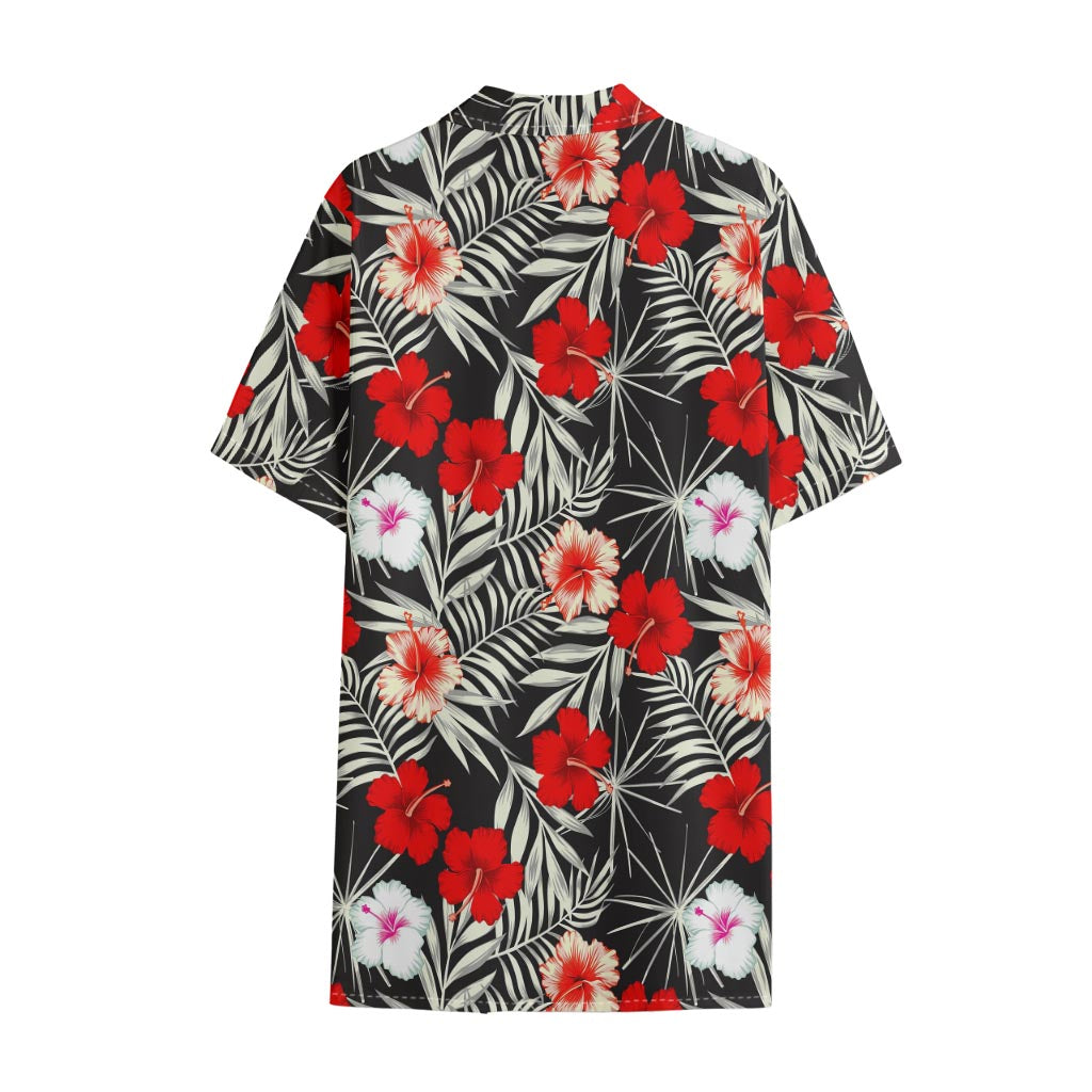 White Tropical Hibiscus Pattern Print Cotton Hawaiian Shirt