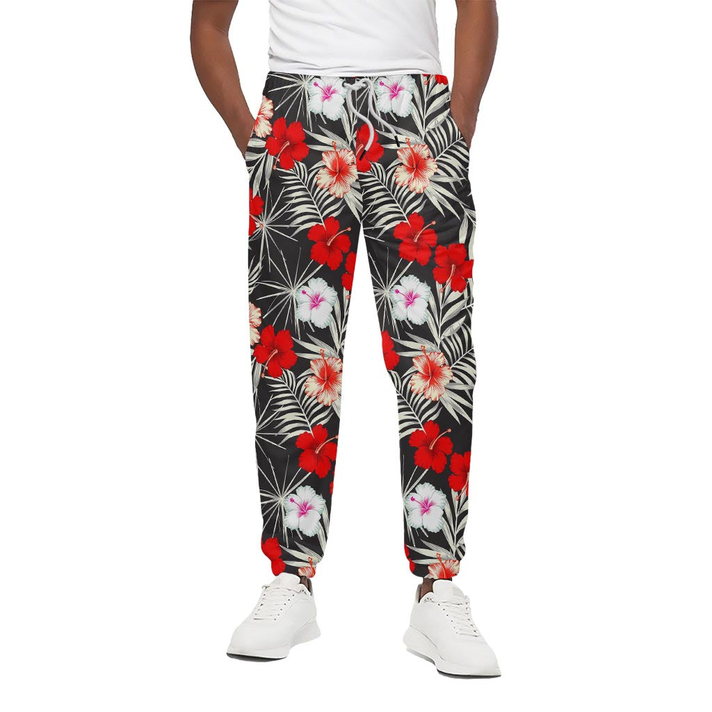 White Tropical Hibiscus Pattern Print Cotton Pants