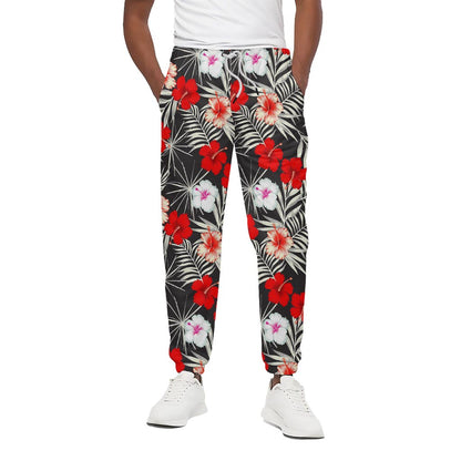 White Tropical Hibiscus Pattern Print Cotton Pants