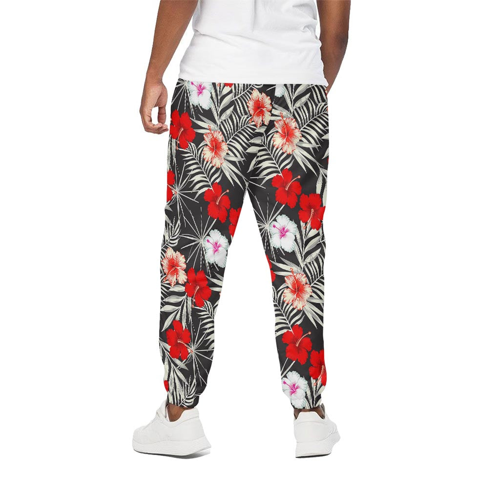White Tropical Hibiscus Pattern Print Cotton Pants