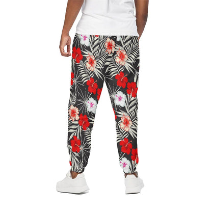 White Tropical Hibiscus Pattern Print Cotton Pants