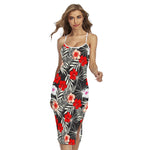 White Tropical Hibiscus Pattern Print Cross Back Cami Dress