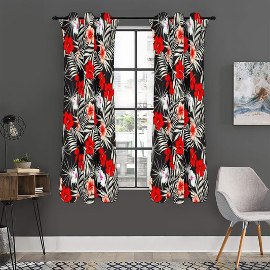White Tropical Hibiscus Pattern Print Curtain