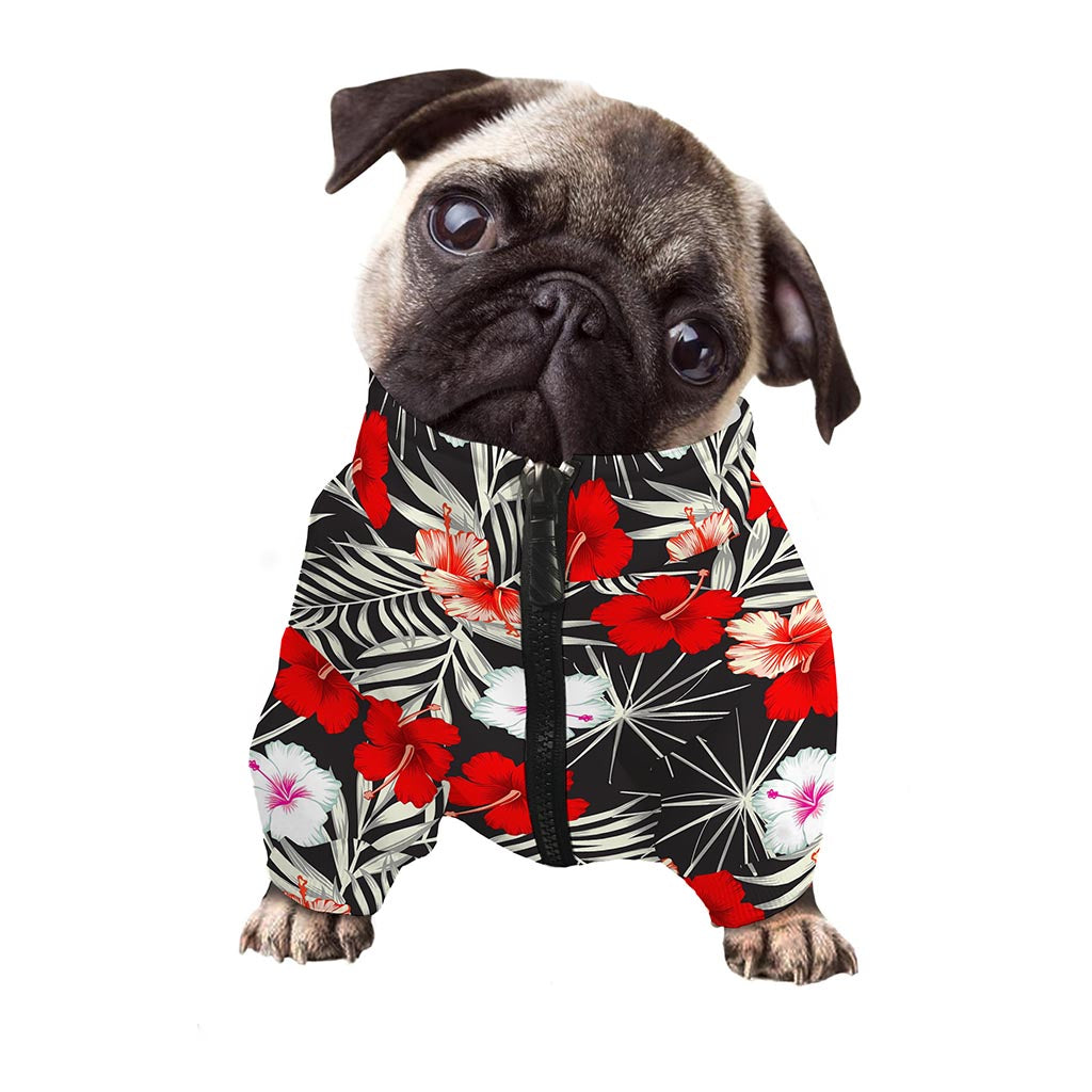 White Tropical Hibiscus Pattern Print Dog Zip Up Jacket
