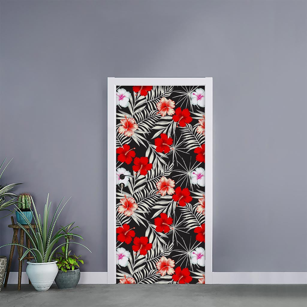 White Tropical Hibiscus Pattern Print Door Sticker