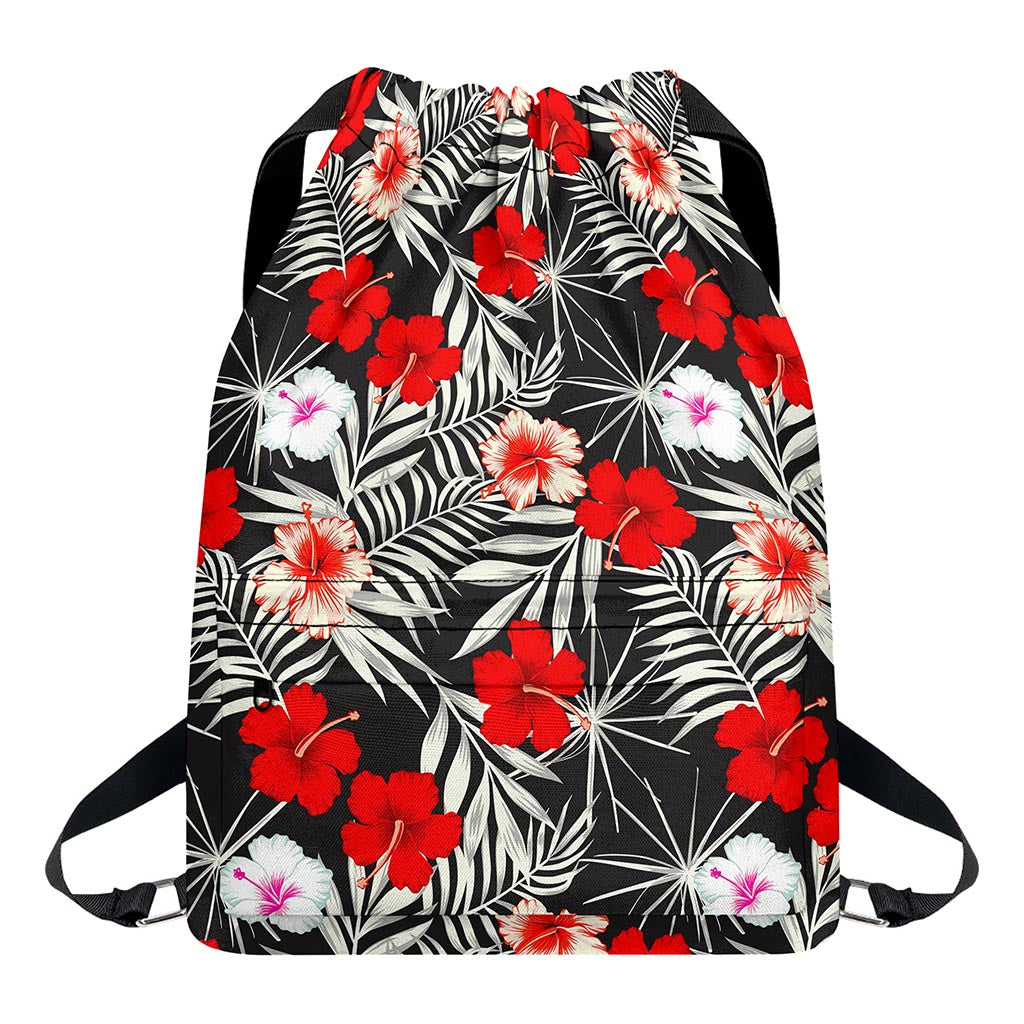 White Tropical Hibiscus Pattern Print Drawstring Backpack