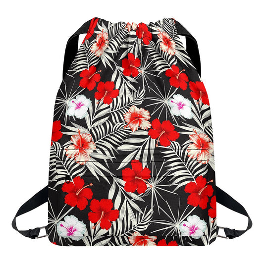 White Tropical Hibiscus Pattern Print Drawstring Backpack