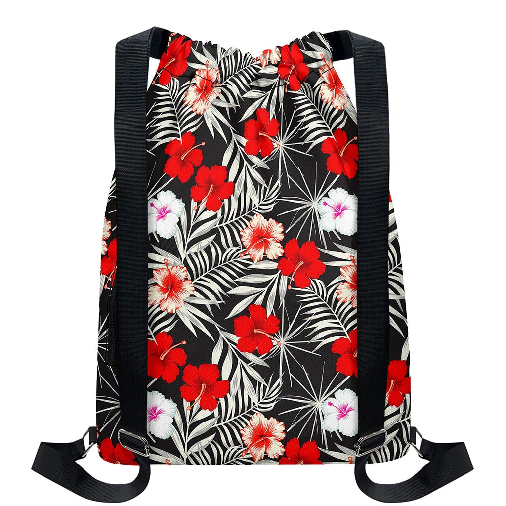 White Tropical Hibiscus Pattern Print Drawstring Backpack