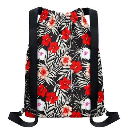 White Tropical Hibiscus Pattern Print Drawstring Backpack