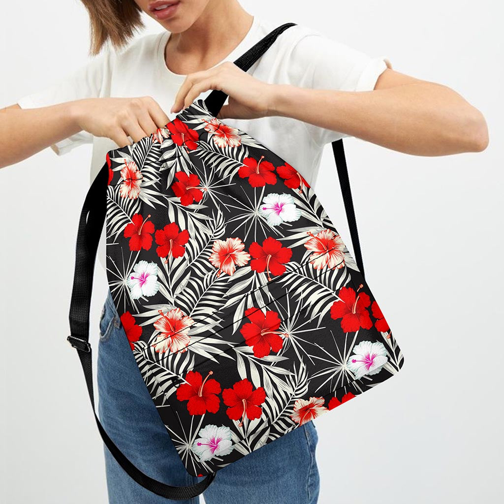 White Tropical Hibiscus Pattern Print Drawstring Backpack
