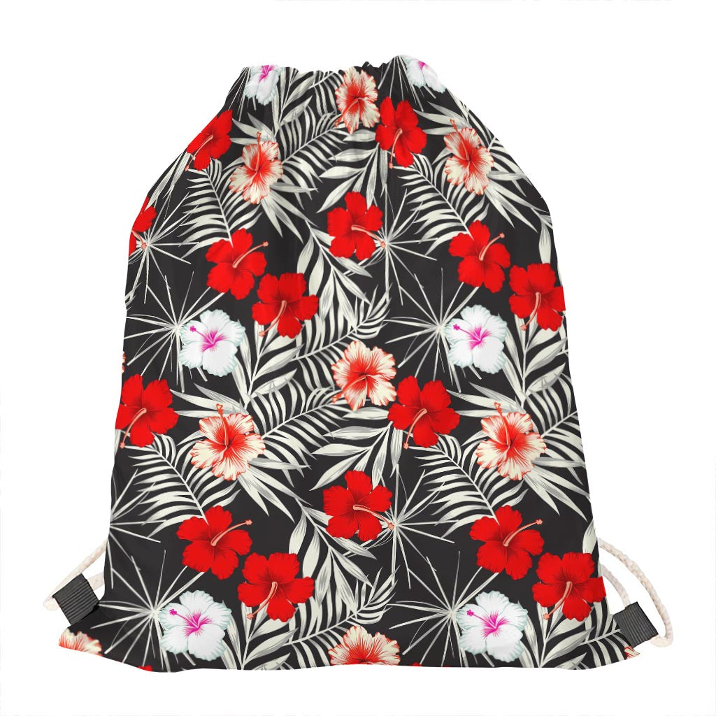 White Tropical Hibiscus Pattern Print Drawstring Bag