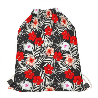 White Tropical Hibiscus Pattern Print Drawstring Bag