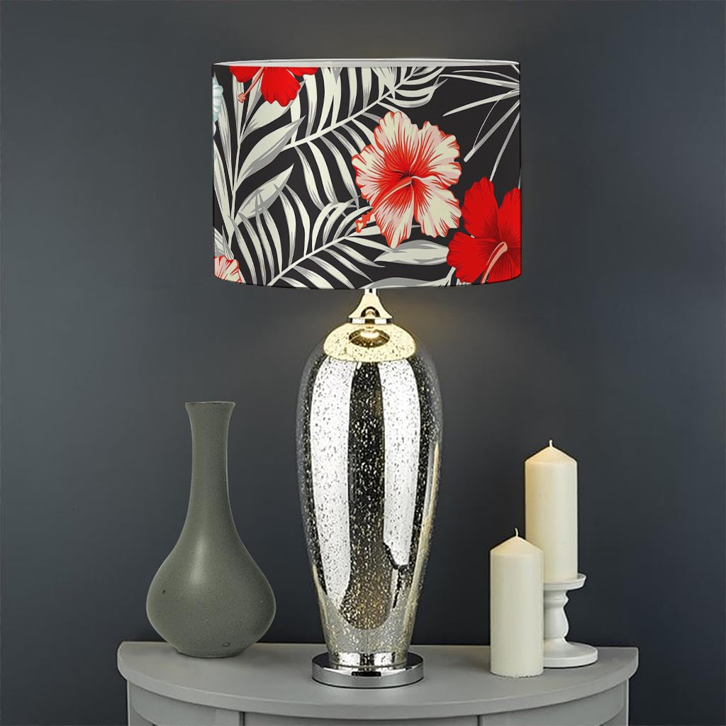 White Tropical Hibiscus Pattern Print Drum Lamp Shade