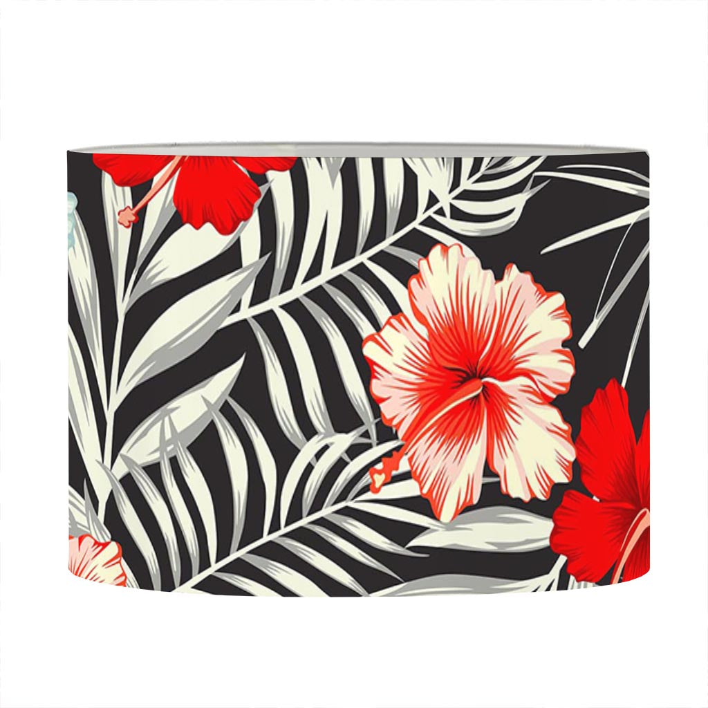 White Tropical Hibiscus Pattern Print Drum Lamp Shade
