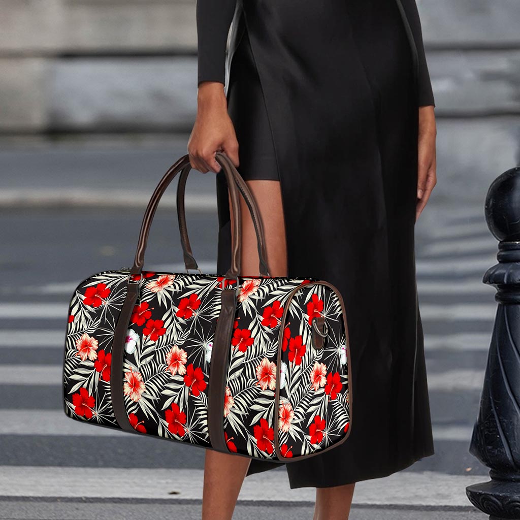 White Tropical Hibiscus Pattern Print Duffle Bag