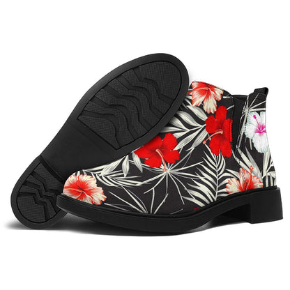 White Tropical Hibiscus Pattern Print Flat Ankle Boots