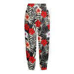 White Tropical Hibiscus Pattern Print Fleece Lined Knit Pants