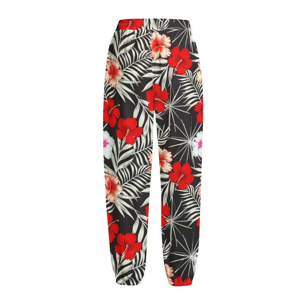 White Tropical Hibiscus Pattern Print Fleece Lined Knit Pants