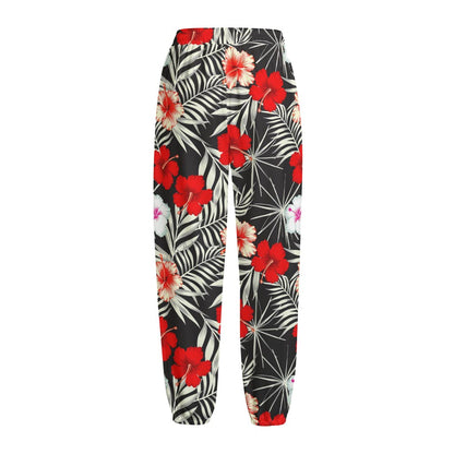 White Tropical Hibiscus Pattern Print Fleece Lined Knit Pants