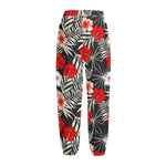 White Tropical Hibiscus Pattern Print Fleece Lined Knit Pants