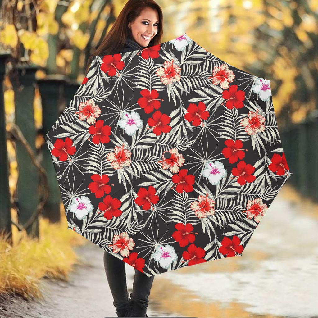 White Tropical Hibiscus Pattern Print Foldable Umbrella