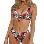 White Tropical Hibiscus Pattern Print Front Bow Tie Bikini