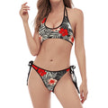 White Tropical Hibiscus Pattern Print Halter Scoop Tie Side Bikini