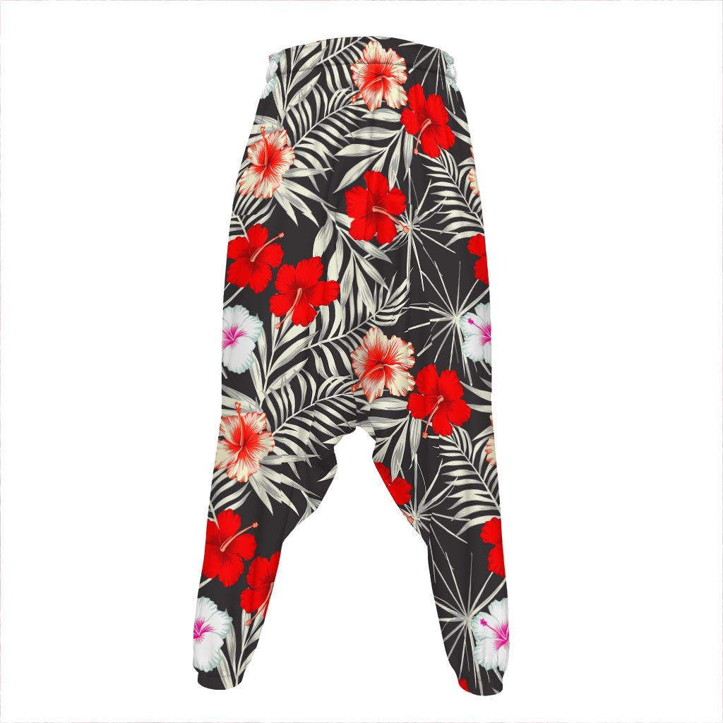 White Tropical Hibiscus Pattern Print Hammer Pants