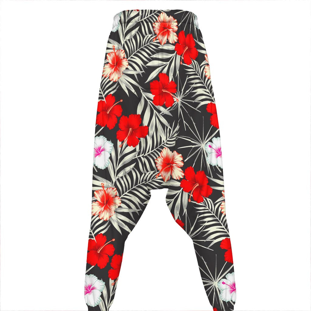 White Tropical Hibiscus Pattern Print Hammer Pants
