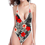 White Tropical Hibiscus Pattern Print High Cut One Piece Swimsuit