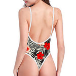 White Tropical Hibiscus Pattern Print High Cut One Piece Swimsuit