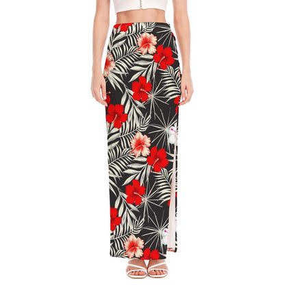 White Tropical Hibiscus Pattern Print High Slit Maxi Skirt