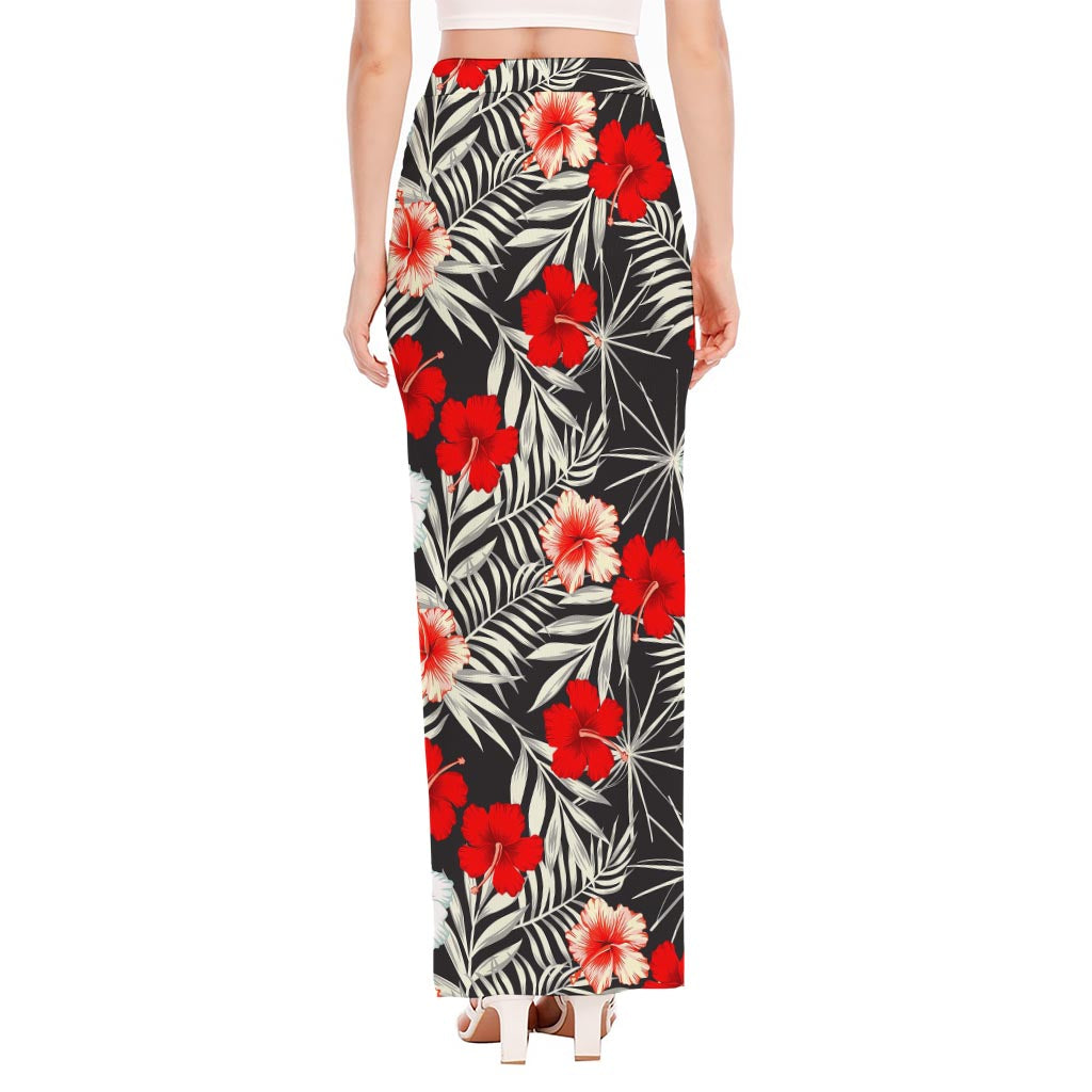 White Tropical Hibiscus Pattern Print High Slit Maxi Skirt