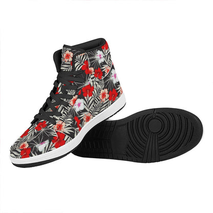 White Tropical Hibiscus Pattern Print High Top Leather Sneakers