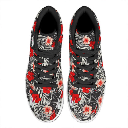 White Tropical Hibiscus Pattern Print High Top Leather Sneakers