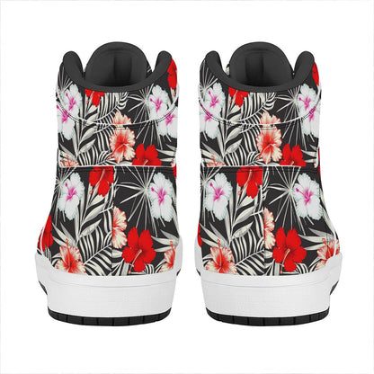 White Tropical Hibiscus Pattern Print High Top Leather Sneakers